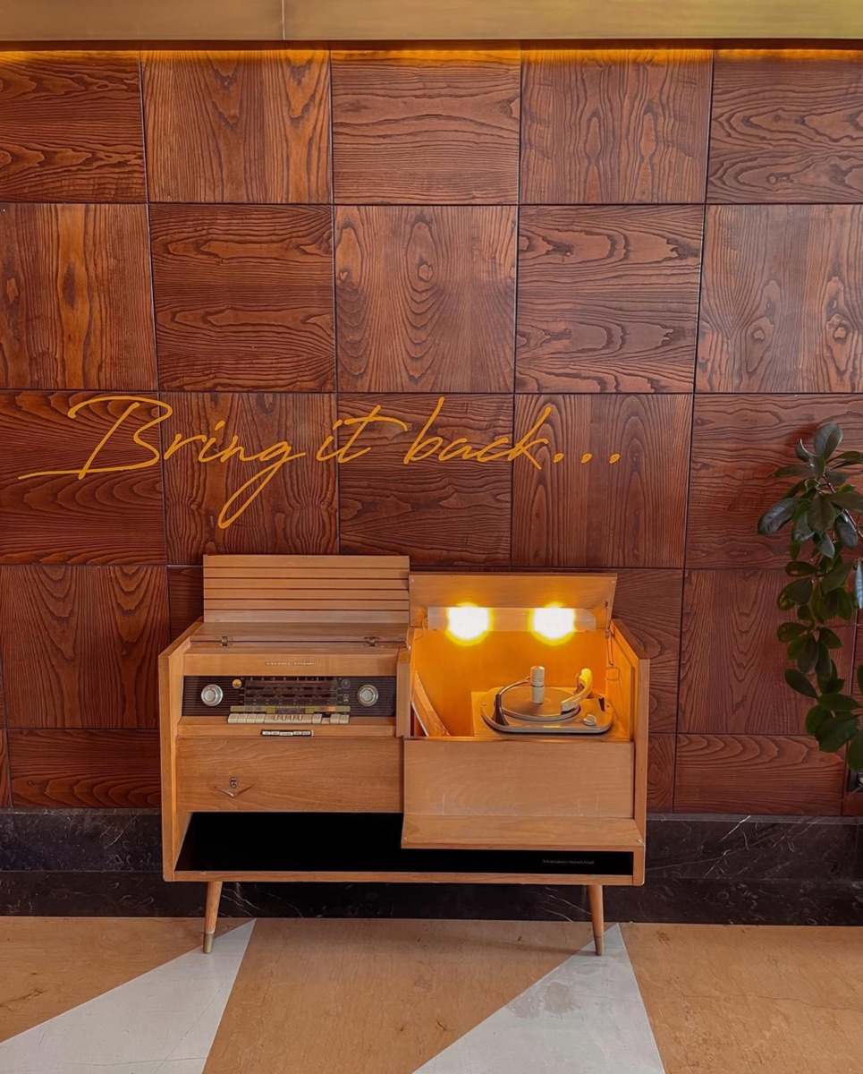 Vintage record player in a hotel interior, photographed for Jet2