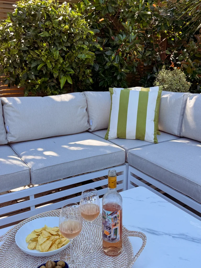 Patio seating with drinks and snacks